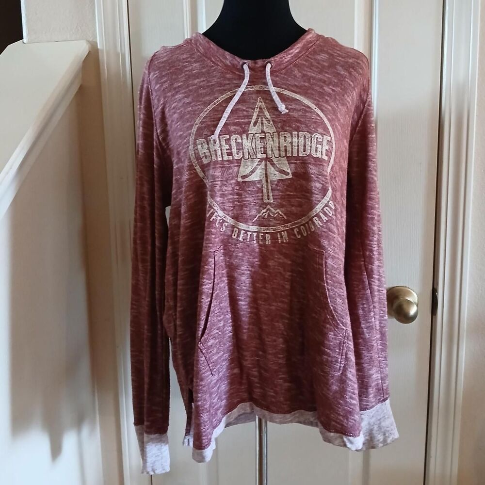 Tech Styles Breckenridge distressed red long sleeve shirt kangaroo pocket hood L